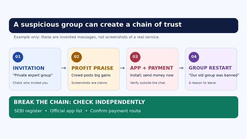 A 4-step chain from a private group invite to profit praise, an app and payment, and a group restart.