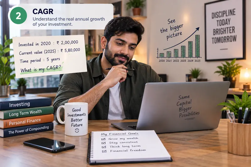 A learner at a laptop works out CAGR for ₹2,00,000 invested in 2020 that grew to ₹5,80,000 by 2025.