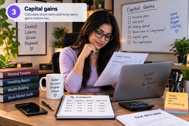 A learner reads a portfolio summary beside a whiteboard list for working out short-term and long-term gains.