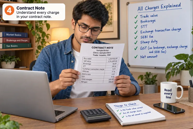 A learner reads a sample contract note with itemized charges.