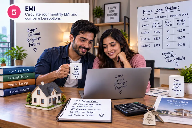 A couple compares home loan EMIs from 3 lenders on a whiteboard for a ₹50,00,000 loan over 20 years.