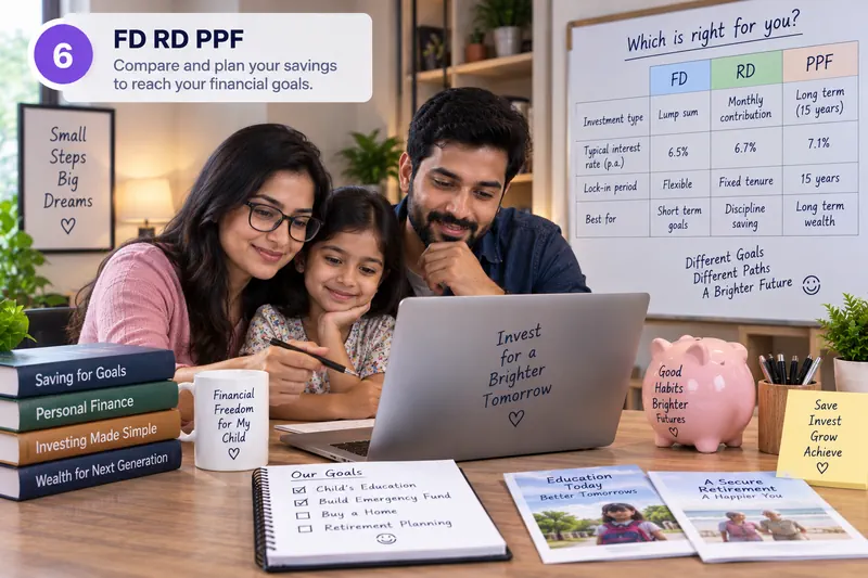 A family compares FD, RD and PPF on a whiteboard table of rates, lock-in periods and goals.
