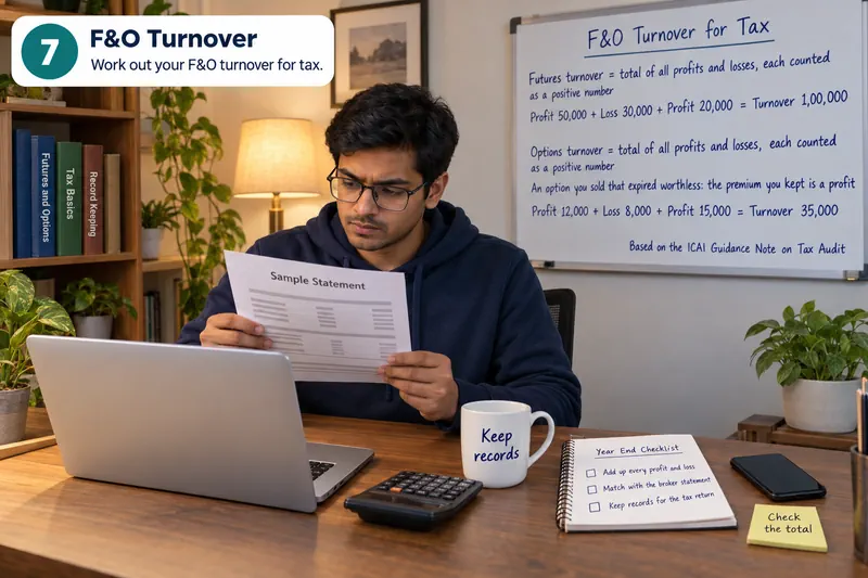 A learner checks a sample sheet that adds up futures and options turnover for tax.