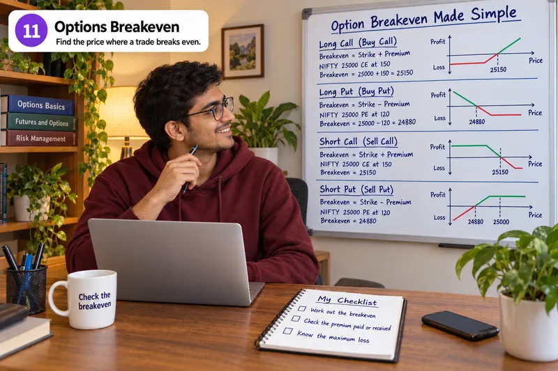 Whiteboard par calls aur puts khareedne aur bechne ka breakeven hai, har case ke saath chhota payoff chart.