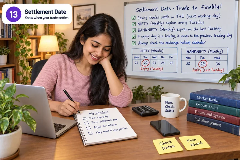 Learner calendar par Tuesday expiry dates aur T+1 settlement check karti hai.