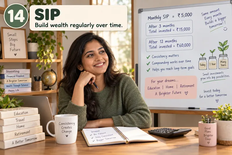 A learner smiles beside a whiteboard showing a ₹5,000 monthly SIP that totals ₹60,000 invested after 12 months.