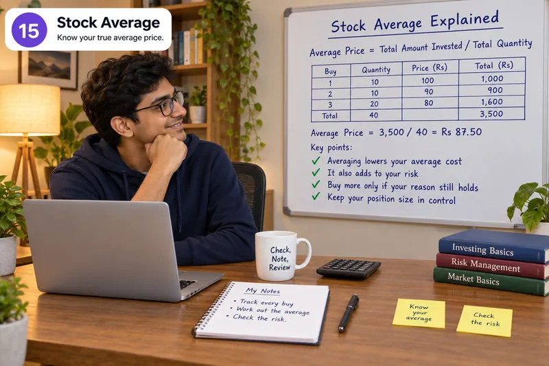 A learner checks 3 stock buys and an average cost of ₹87.50.