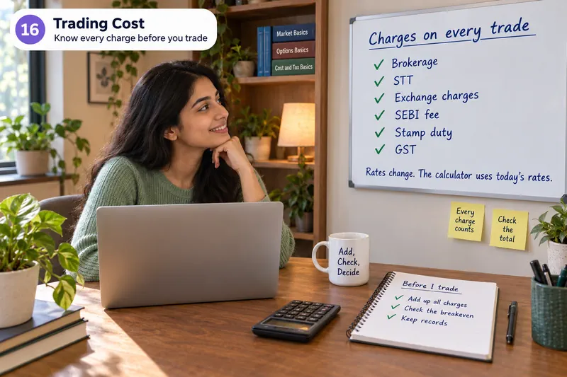 Learner calculator ke paas trading charges ki list dekhti hai.