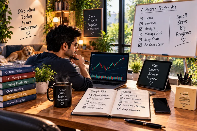A man studies a chart beside books, notebooks, and a tablet.