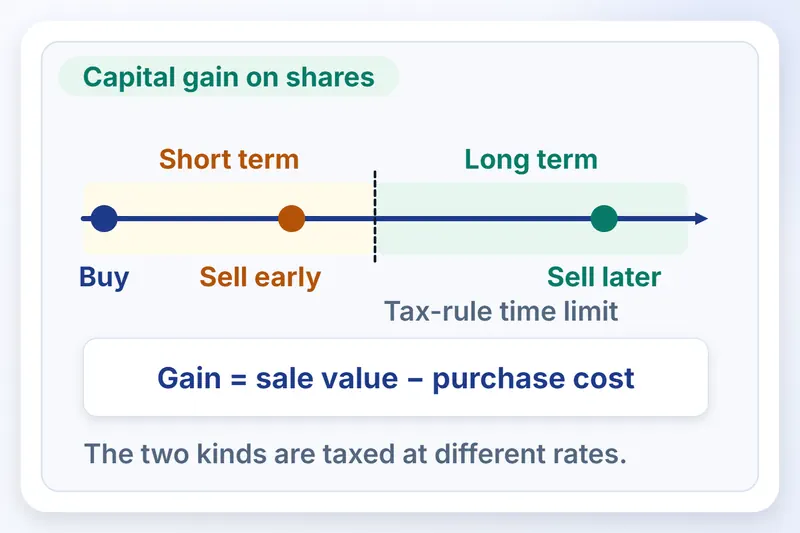 A timeline from buy to sell splits short term from long term, with gain as sale value minus cost.