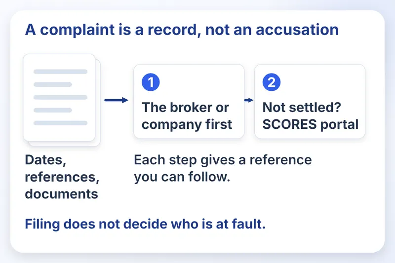 Documents lead to a complaint to the broker or company first, then to the SCORES portal.