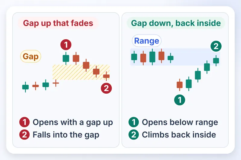 2 candle charts: gap up jo gap mein wapas girta hai, aur gap down jo range mein laut aata hai.