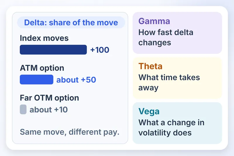 An index move of 100 gives an ATM option about 50 and far OTM 10, beside gamma, theta, vega.