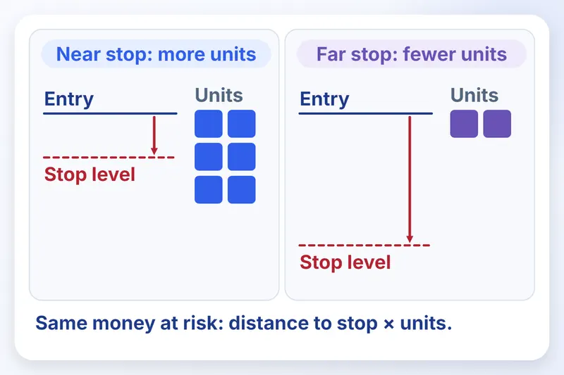 With the same money at risk, a near stop allows 6 units and a stop 3 times farther allows 2.