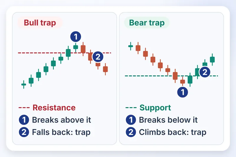 2 candle charts: resistance ke upar break jo wapas girta hai, aur support ke neeche break jo wapas chadhta hai.