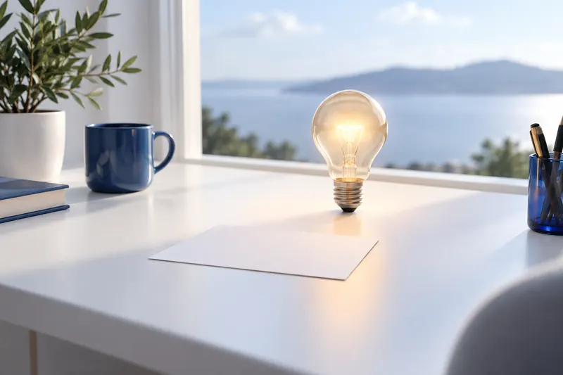 A glowing bulb sits above a blank sheet on a desk.