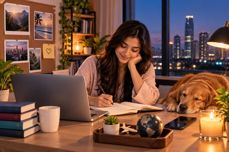 Mahila laptop ke paas likhti hai aur kutta paas mein sota hai.
