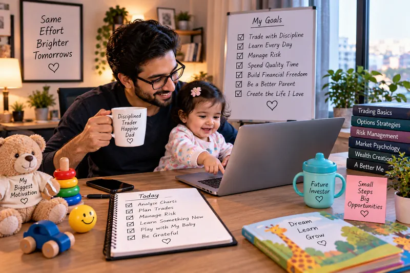 Aadmi laptop ke paas padhta hai aur bachcha uski god mein baitha hai.
