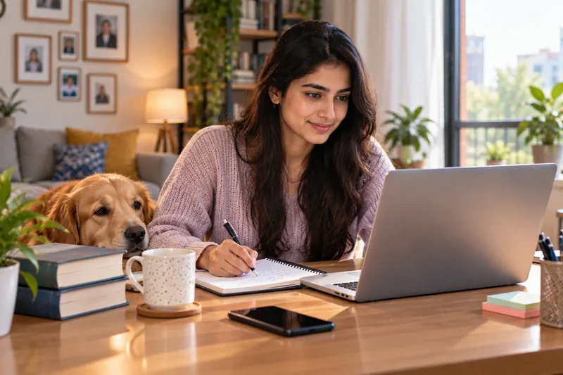Mahila laptop ke paas likhti hai aur kutta paas mein aaram karta hai.