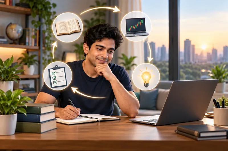 A man writes beneath a circle of books, charts, checklists, and ideas.