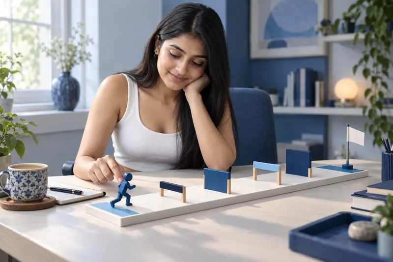 A learner moves a small runner along a board, past low hurdles, towards a finish flag.
