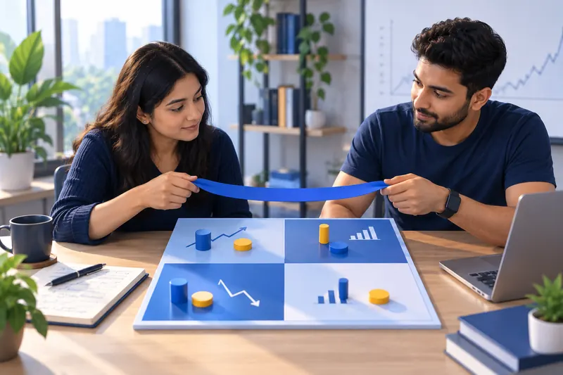 Across a table, 2 people hold opposite ends of a ribbon above a board split into 4 squares.