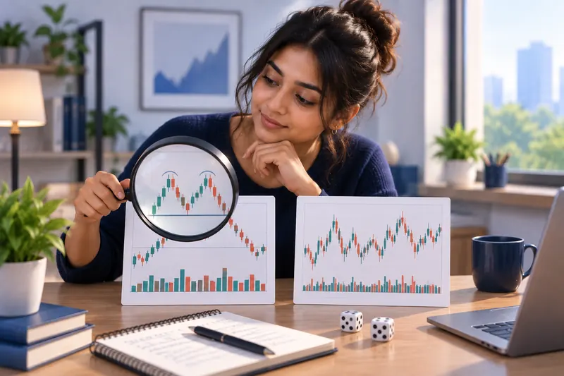 A learner checks 2 chart cards with a magnifying glass, with 2 dice on the desk.