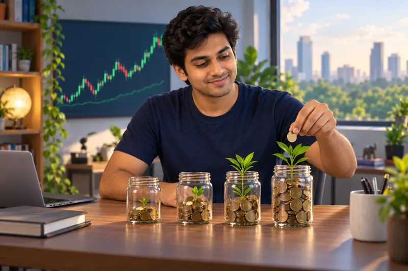 A man places a coin beside jars with growing plants.