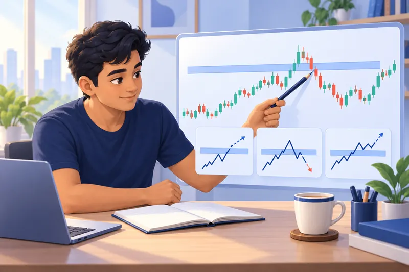 A learner points a pencil at a chart where the price rises above a shaded level and falls back.