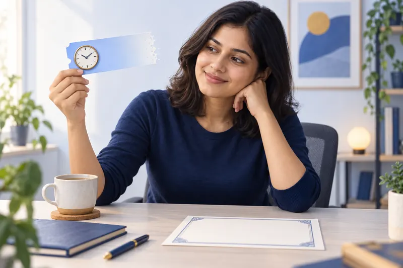 A learner holds up a ticket with a clock on it, and its far end is fading away.