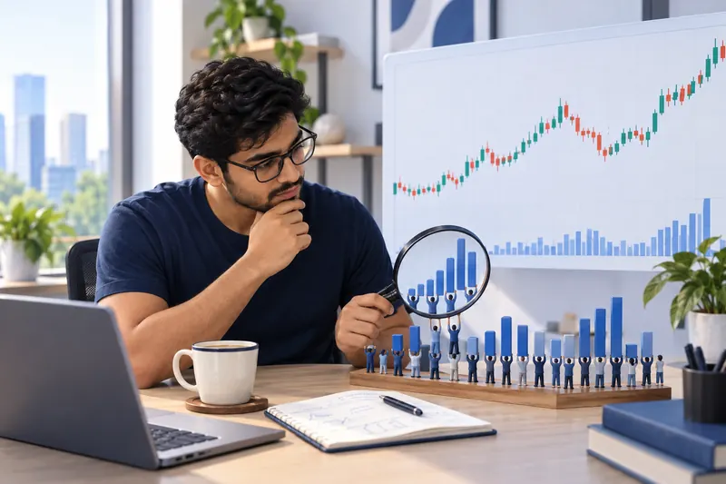 A learner looks through a magnifying glass at volume bars held up by tiny people below a price chart.