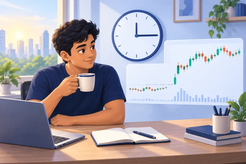 A learner sips tea beside a wall clock and a chart that jumps after a quiet start.